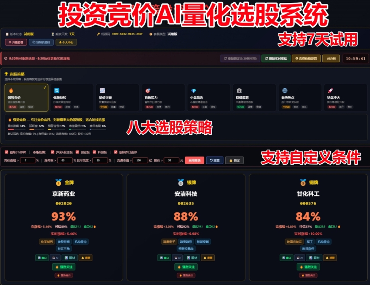 《股帮智策竞价选股系统》集合竞价选股 八大核心选股策略 自定义选股条件 高胜率 高盈亏比（季卡90天）