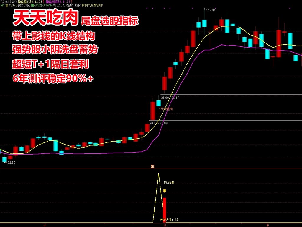 《天天吃肉》尾盘选股排序指标 阴线战法 专做强势股回调  超短线T+1 今买明卖 高胜率90%+